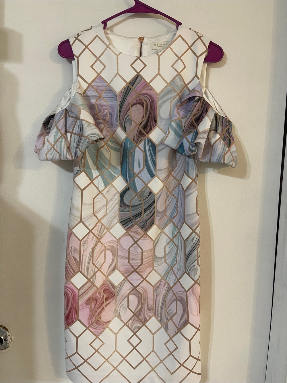 Ted Baker Krimba Sea of Clouds Pencil Dress, featuring a pastel marble print